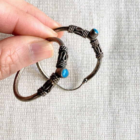 Vintage Large Turquoise Sterling Silver 925 Bali Style Inlay Hoop Post Earrings - Picture 4 of 16